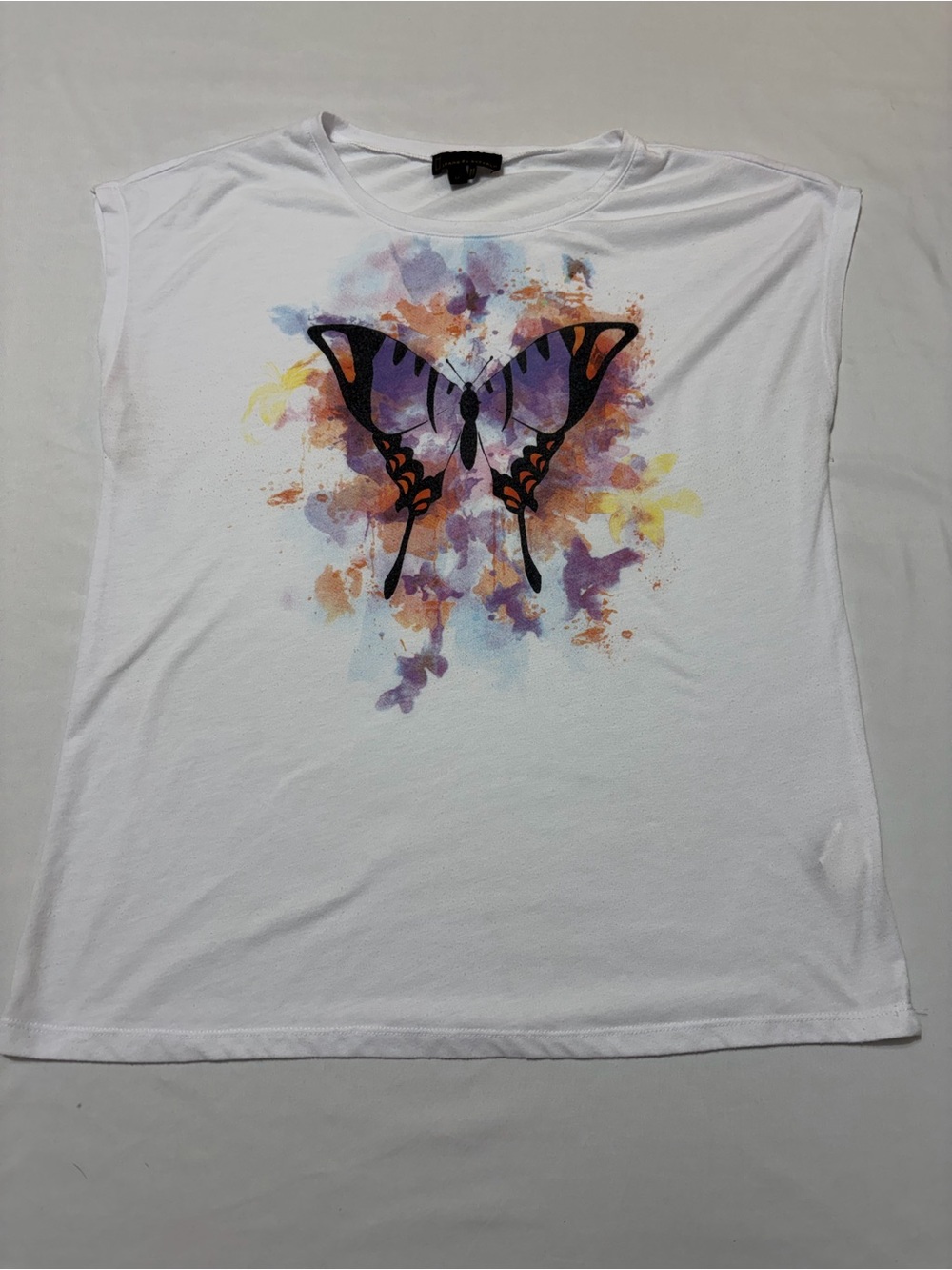 Jeans by Buffalo Butterfly Graphic Top Women Large White Watercolor Cap Sleeve